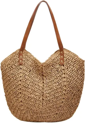 Summer Casual Straw Tote Bag Large Capacity Woven Shoulder Handbag for Summer Beach Vocation