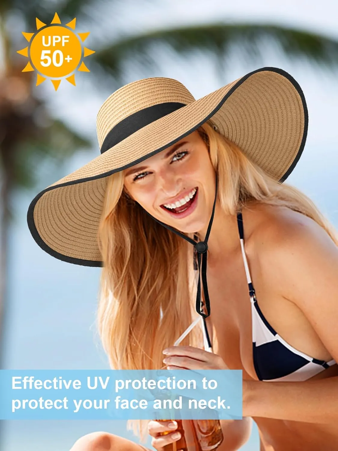 Sun Hats for Women Oversize Wide Brim Straw Beach Hat UV Protection Floppy Foldable Roll-Up Travel Summer Vacation UPF 50 