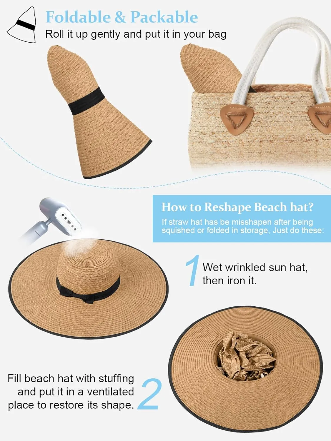 Sun Hats for Women Oversize Wide Brim Straw Beach Hat UV Protection Floppy Foldable Roll-Up Travel Summer Vacation UPF 50 