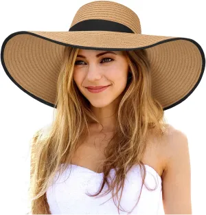 Sun Hats for Women Oversize Wide Brim Straw Beach Hat UV Protection Floppy Foldable Roll-Up Travel Summer Vacation UPF 50 