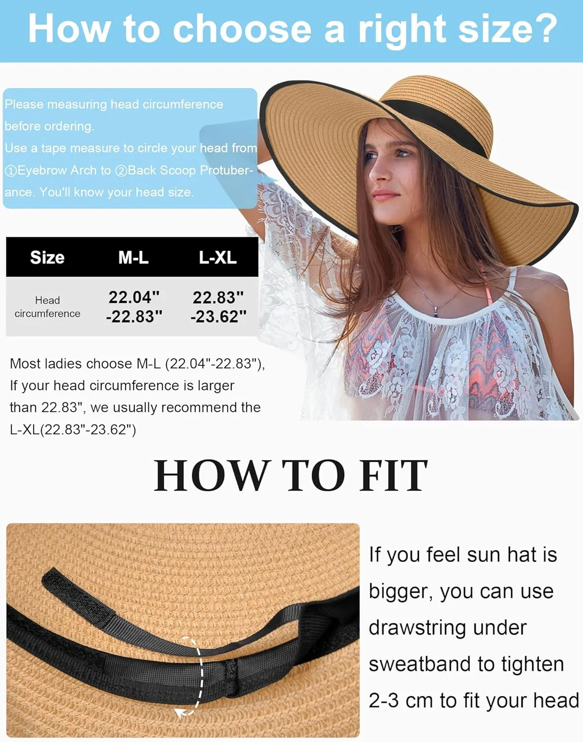 Sun Hats for Women Oversize Wide Brim Straw Beach Hat UV Protection Floppy Foldable Roll-Up Travel Summer Vacation UPF 50 