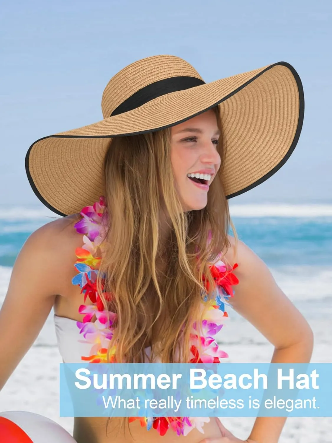 Sun Hats for Women Oversize Wide Brim Straw Beach Hat UV Protection Floppy Foldable Roll-Up Travel Summer Vacation UPF 50 