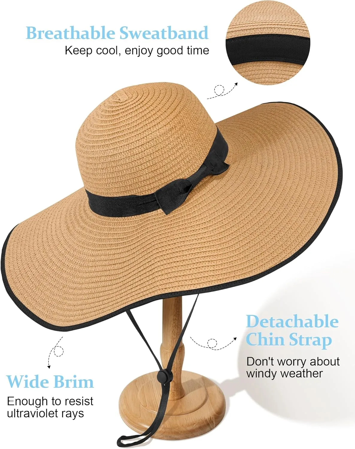 Sun Hats for Women Oversize Wide Brim Straw Beach Hat UV Protection Floppy Foldable Roll-Up Travel Summer Vacation UPF 50 