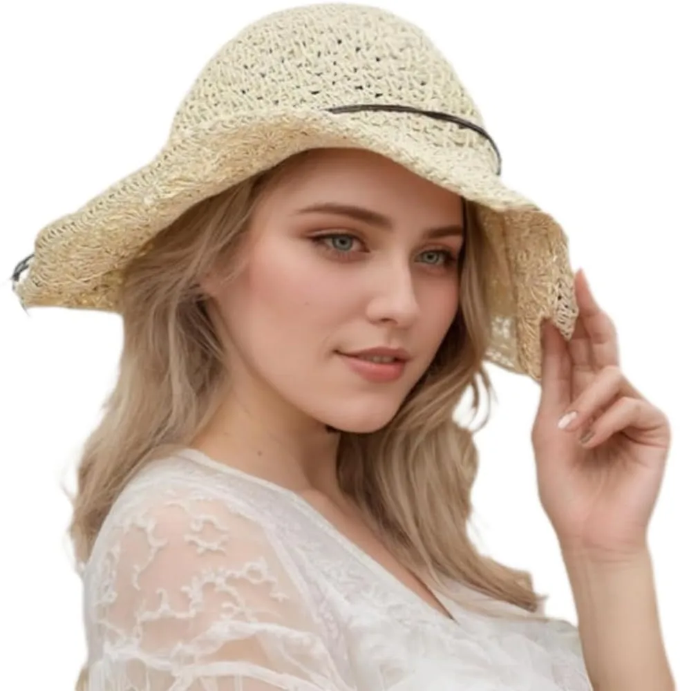 Sun Straw Hats for Women Foldable Floppy Beach Summer Hat Oversized Weave Wide Brim Bowknot Lace for Ladies