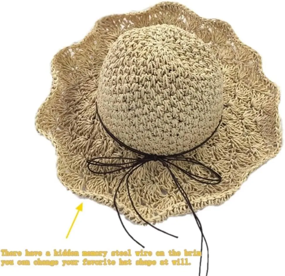 Sun Straw Hats for Women Foldable Floppy Beach Summer Hat Oversized Weave Wide Brim Bowknot Lace for Ladies