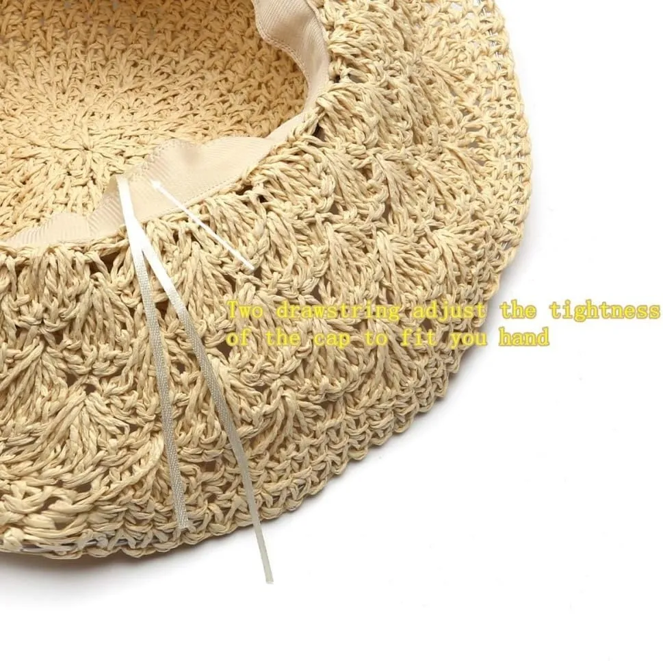 Sun Straw Hats for Women Foldable Floppy Beach Summer Hat Oversized Weave Wide Brim Bowknot Lace for Ladies