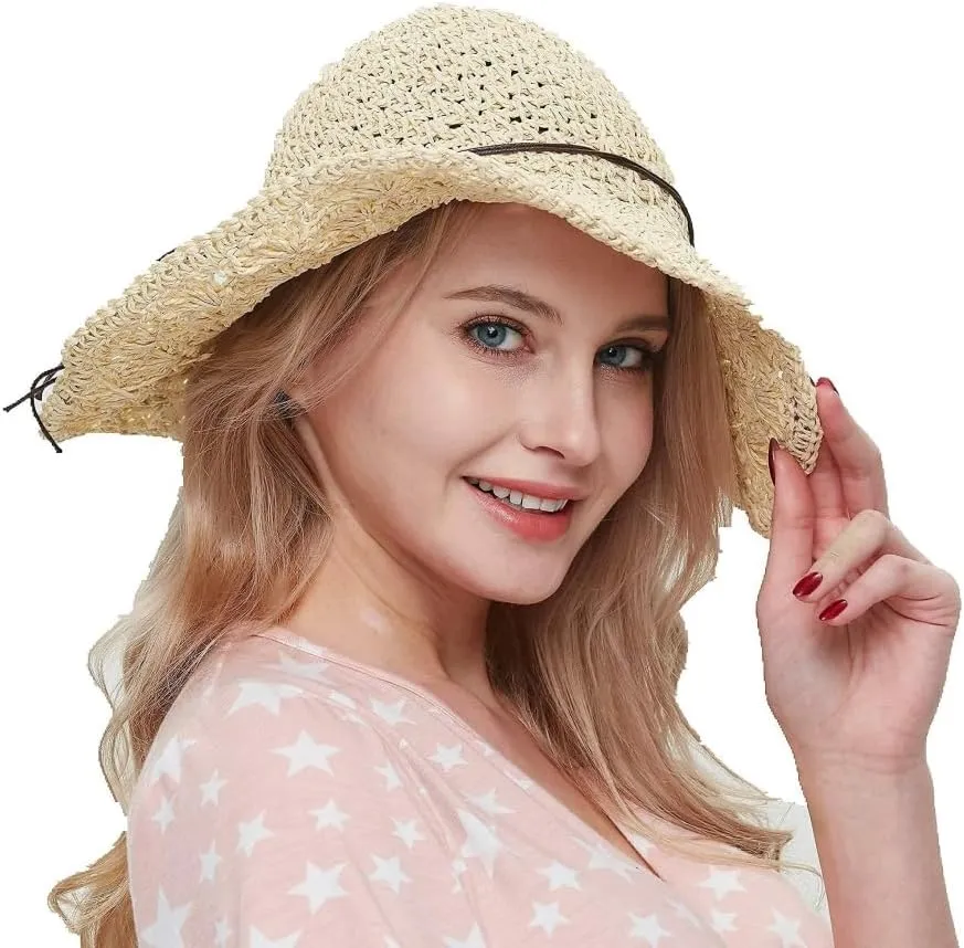 Sun Straw Hats for Women Foldable Floppy Beach Summer Hat Oversized Weave Wide Brim Bowknot Lace for Ladies