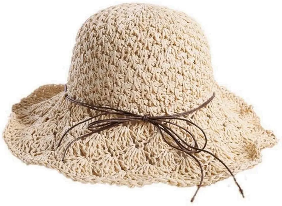 Sun Straw Hats for Women Foldable Floppy Beach Summer Hat Oversized Weave Wide Brim Bowknot Lace for Ladies