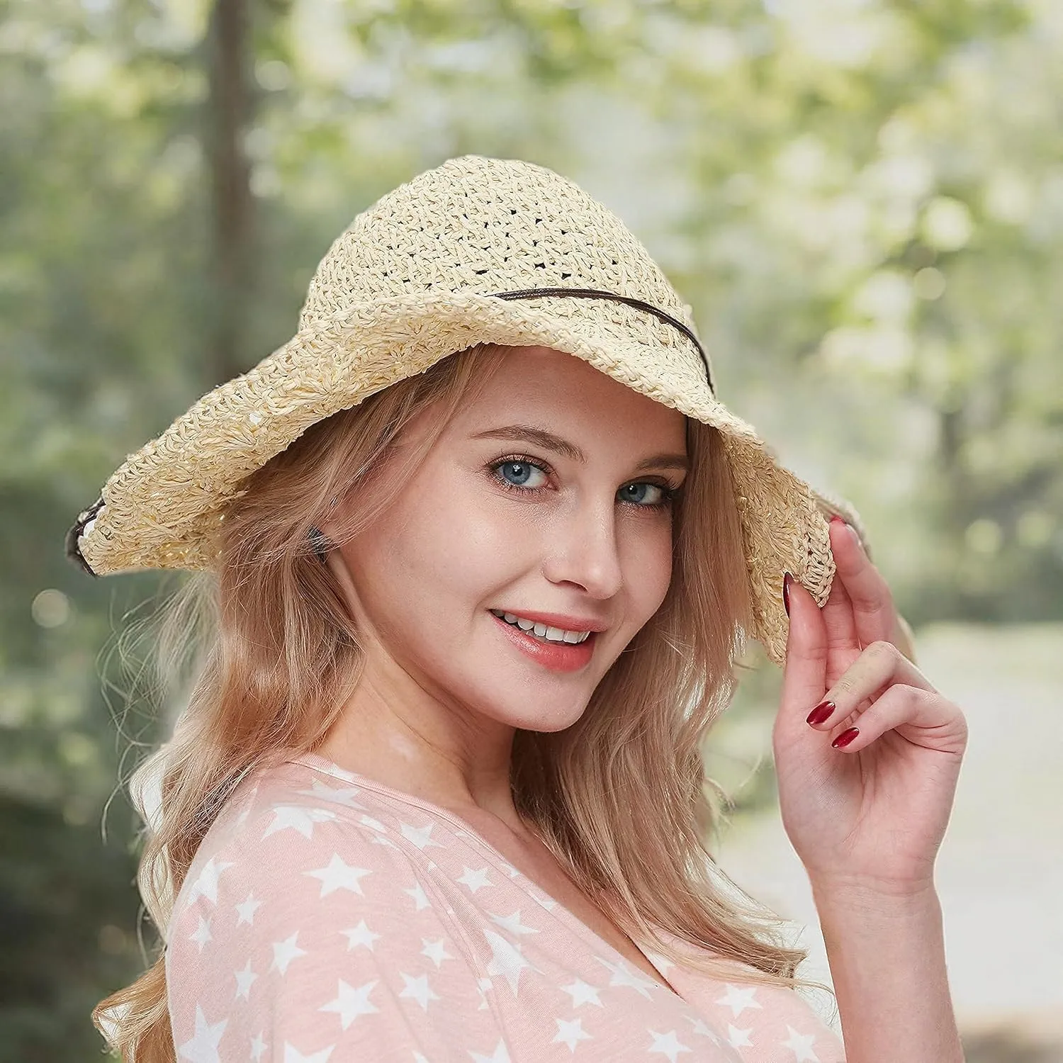 Sun Straw Hats for Women Foldable Floppy Beach Summer Hat Oversized Weave Wide Brim Bowknot Lace for Ladies