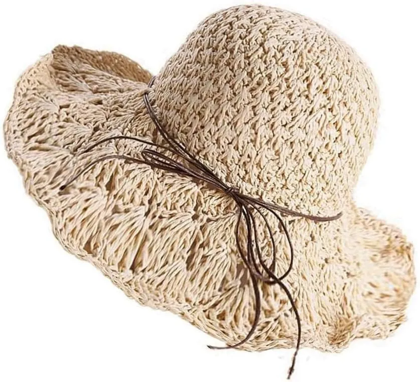 Sun Straw Hats for Women Foldable Floppy Beach Summer Hat Oversized Weave Wide Brim Bowknot Lace for Ladies