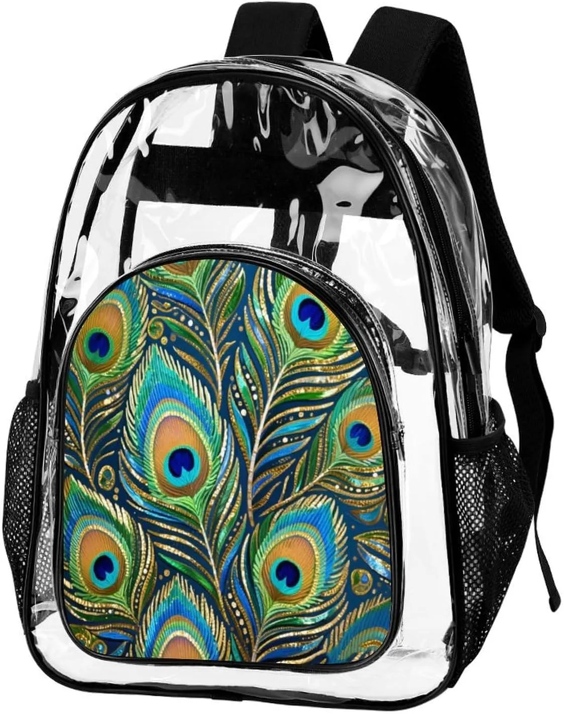 Supdreamc Chic Animal Beautiful Peacock Feather Art Backpack Transparent Anti-Theft Multipurpose Bookbag Large Capacity Laptop Book Bag Rucksack With Side Pockets