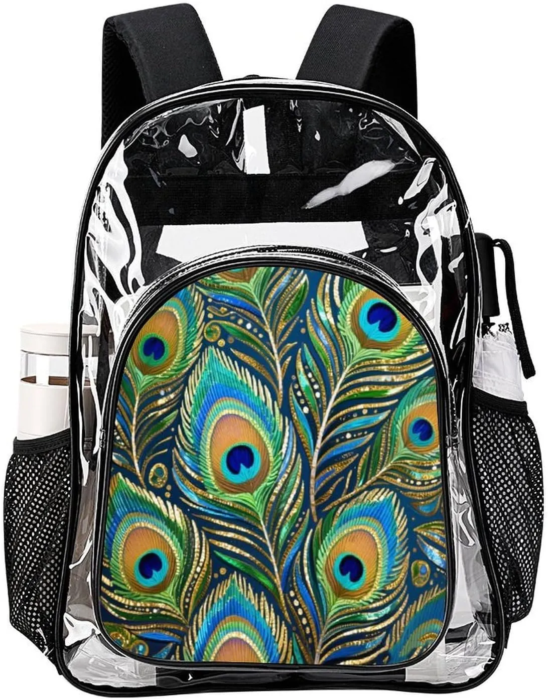Supdreamc Chic Animal Beautiful Peacock Feather Art Backpack Transparent Anti-Theft Multipurpose Bookbag Large Capacity Laptop Book Bag Rucksack With Side Pockets