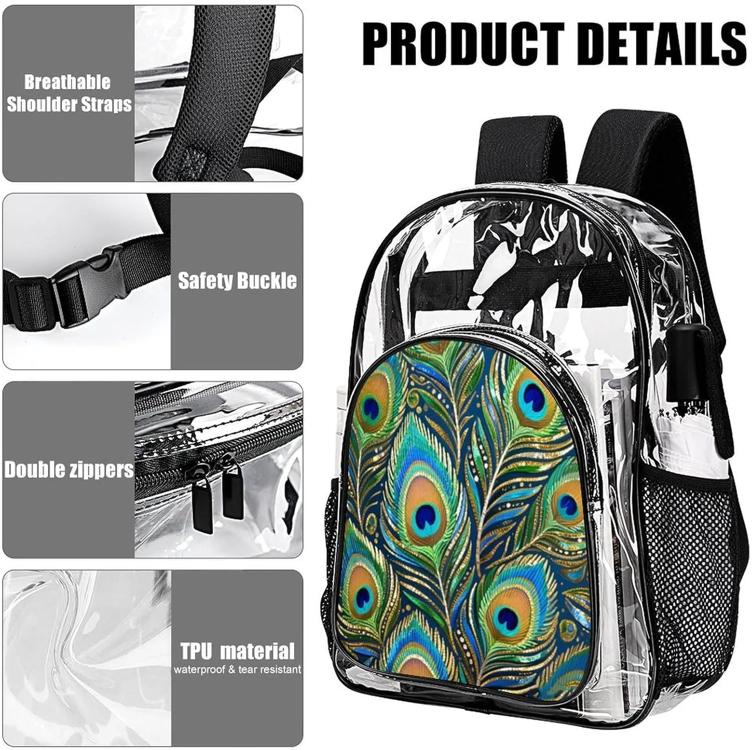 Supdreamc Chic Animal Beautiful Peacock Feather Art Backpack Transparent Anti-Theft Multipurpose Bookbag Large Capacity Laptop Book Bag Rucksack With Side Pockets
