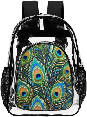 Supdreamc Chic Animal Beautiful Peacock Feather Art Backpack Transparent Anti-Theft Multipurpose Bookbag Large Capacity Laptop Book Bag Rucksack With Side Pockets