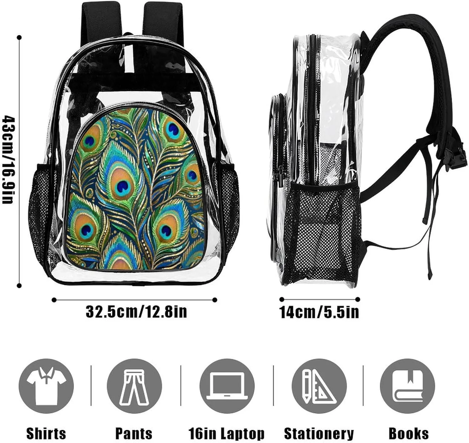 Supdreamc Chic Animal Beautiful Peacock Feather Art Backpack Transparent Anti-Theft Multipurpose Bookbag Large Capacity Laptop Book Bag Rucksack With Side Pockets