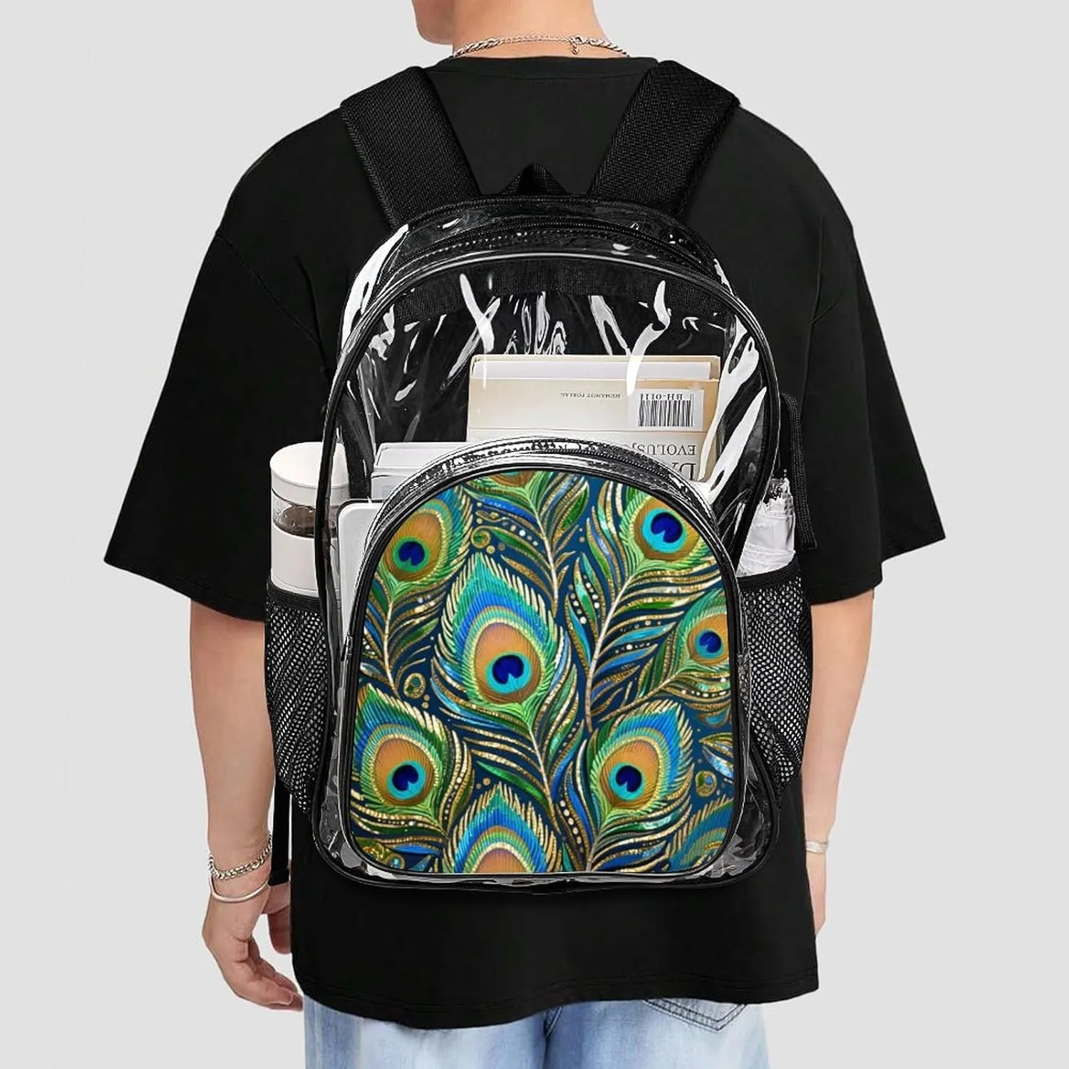 Supdreamc Chic Animal Beautiful Peacock Feather Art Backpack Transparent Anti-Theft Multipurpose Bookbag Large Capacity Laptop Book Bag Rucksack With Side Pockets