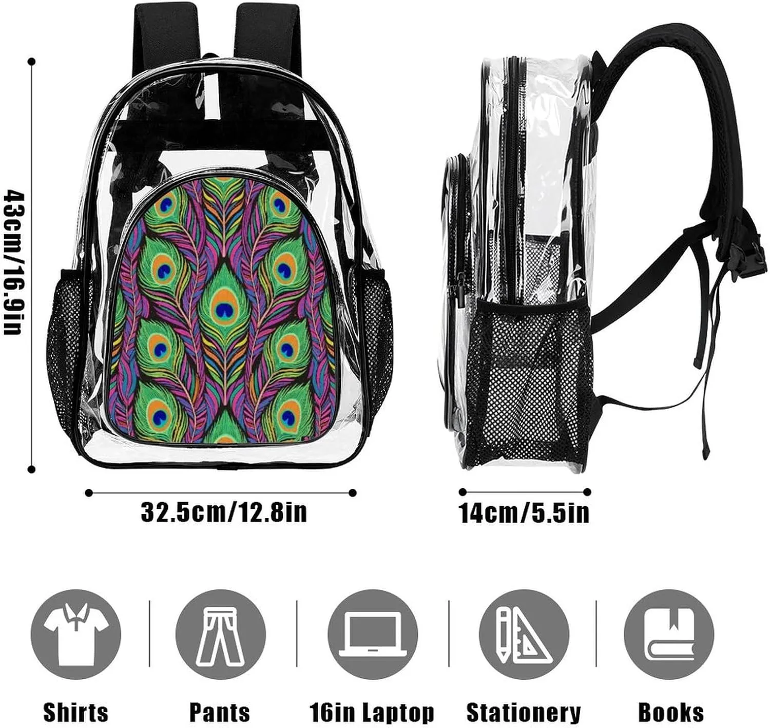 Supdreamc Daypack Anti-Theft Multipurpose Large Capacity Shoulder Bag - Chic Animal Beautiful Peacock Feather Art Travel Hiking & Camping Rucksack Transparent Bag