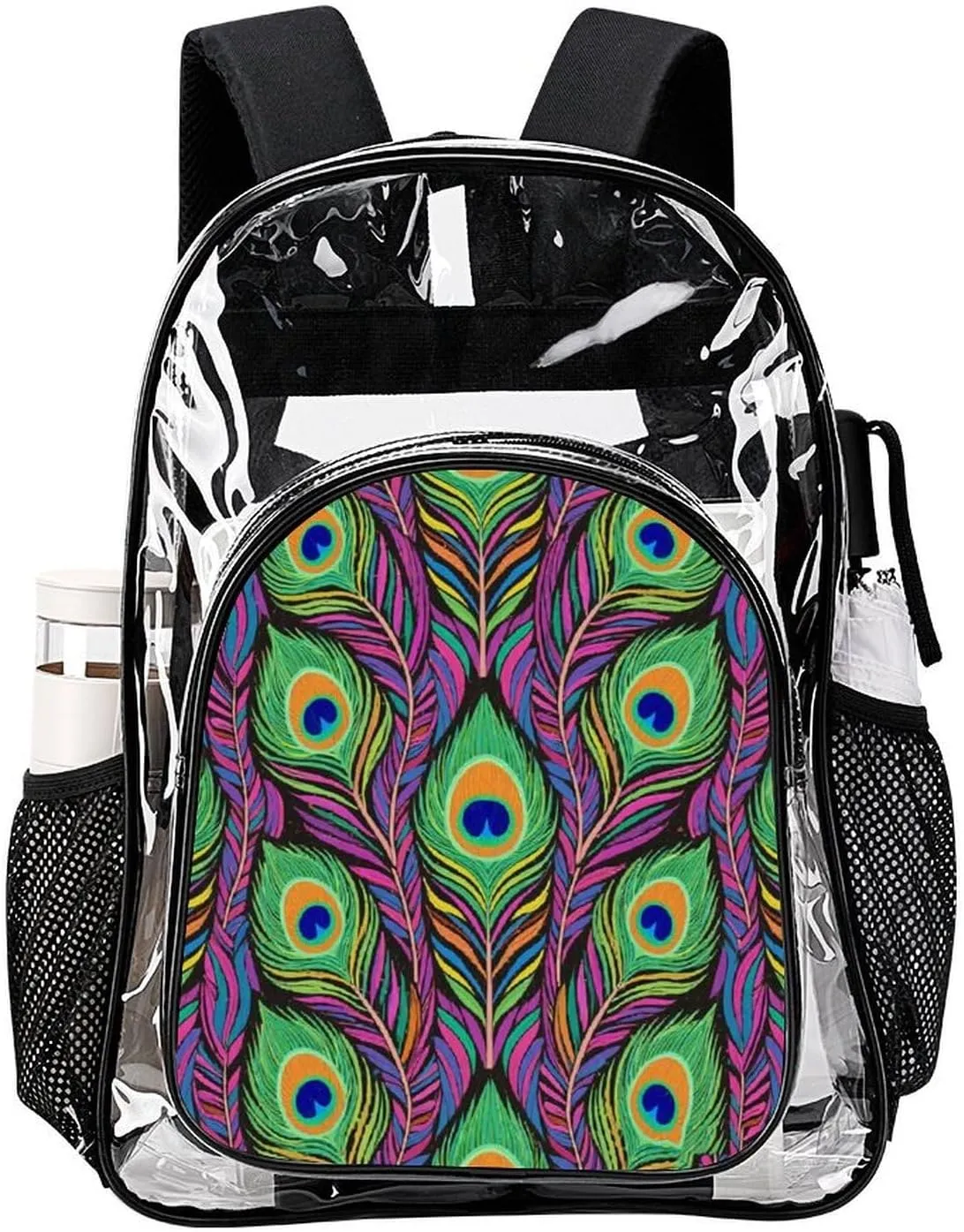 Supdreamc Daypack Anti-Theft Multipurpose Large Capacity Shoulder Bag - Chic Animal Beautiful Peacock Feather Art Travel Hiking & Camping Rucksack Transparent Bag
