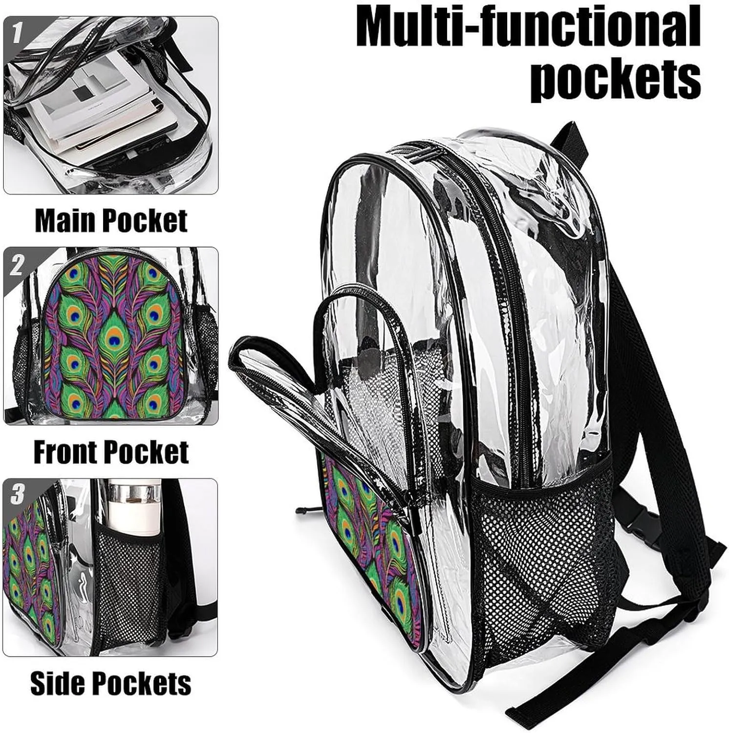 Supdreamc Daypack Anti-Theft Multipurpose Large Capacity Shoulder Bag - Chic Animal Beautiful Peacock Feather Art Travel Hiking & Camping Rucksack Transparent Bag