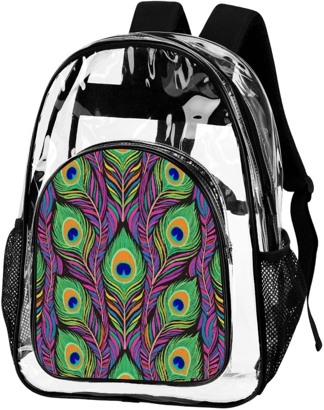 Supdreamc Daypack Anti-Theft Multipurpose Large Capacity Shoulder Bag - Chic Animal Beautiful Peacock Feather Art Travel Hiking & Camping Rucksack Transparent Bag