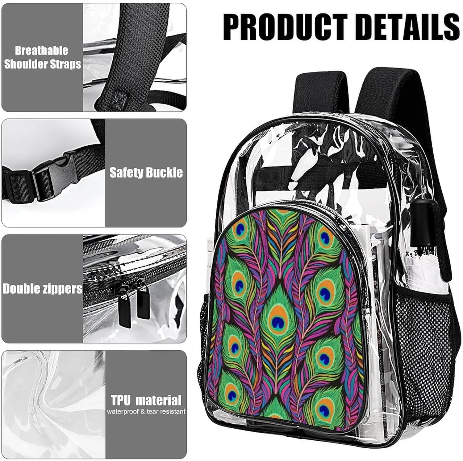 Supdreamc Daypack Anti-Theft Multipurpose Large Capacity Shoulder Bag - Chic Animal Beautiful Peacock Feather Art Travel Hiking & Camping Rucksack Transparent Bag
