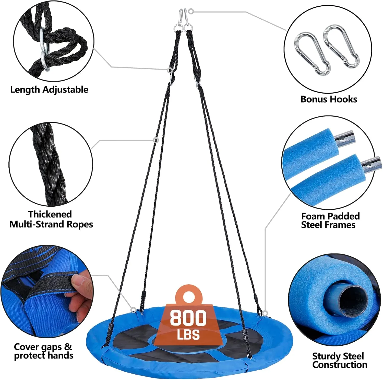 SUPER DEAL Outdoor Kids Swing Set 40 inch Saucer Swing with Frame Combo, Saucer Tree Swing and Heavy Duty Steel A Frame Playset for Backyard, 4 Ground Stakes and Adjustable Ropes, 440 lbs Blue