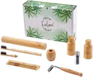 Sustainable Gift Box Personal Care Travel Sized Toiletries Bundle, Bamboo Toothbrush, Dental Floss, Comb,Liquid Containers, Razor, Bamboo Travel Case and Stand, 9 Items