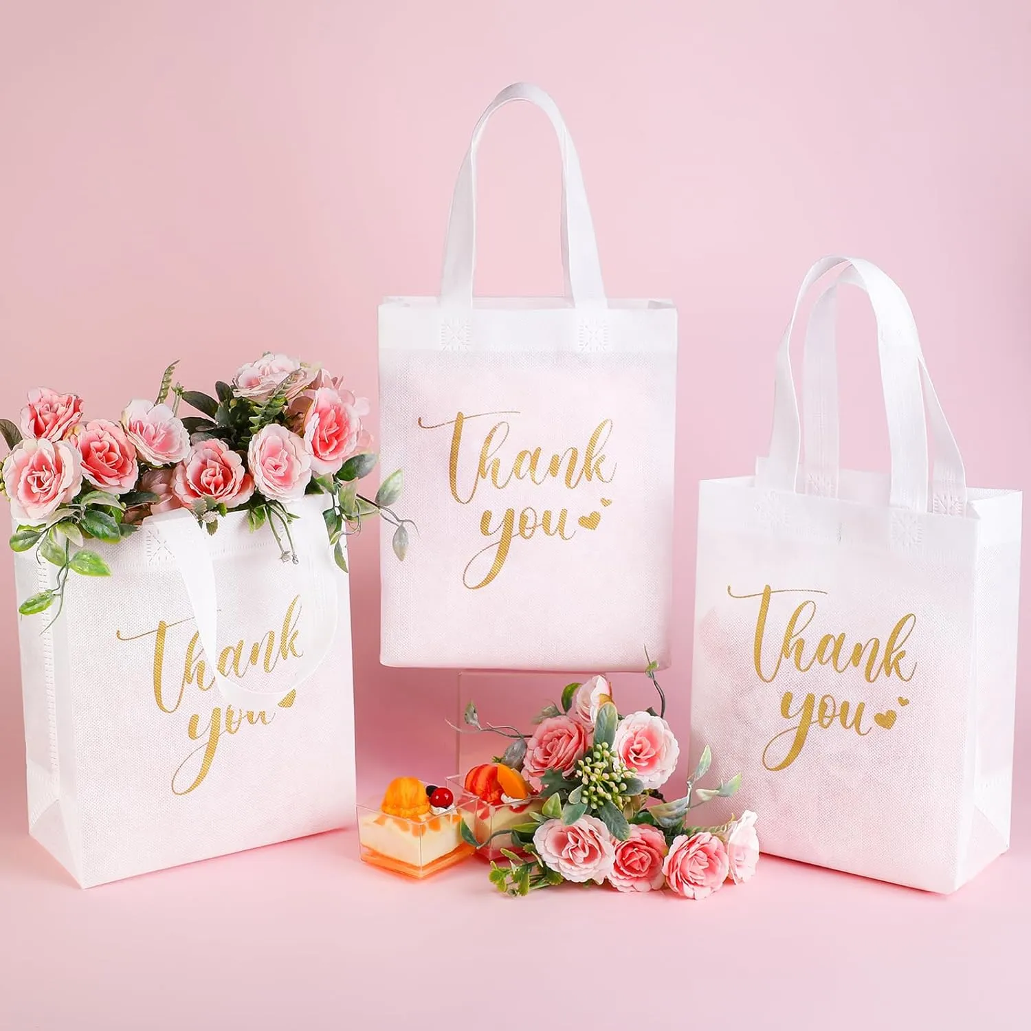 Sweetude 30 Pcs Thank You Gift Bags with Handles Bulk Reusable Goodie Bag Non Woven Foldable Handbag for Graduation Wedding Bridesmaid Gifts(10 x 8 x 4 Inch,White)