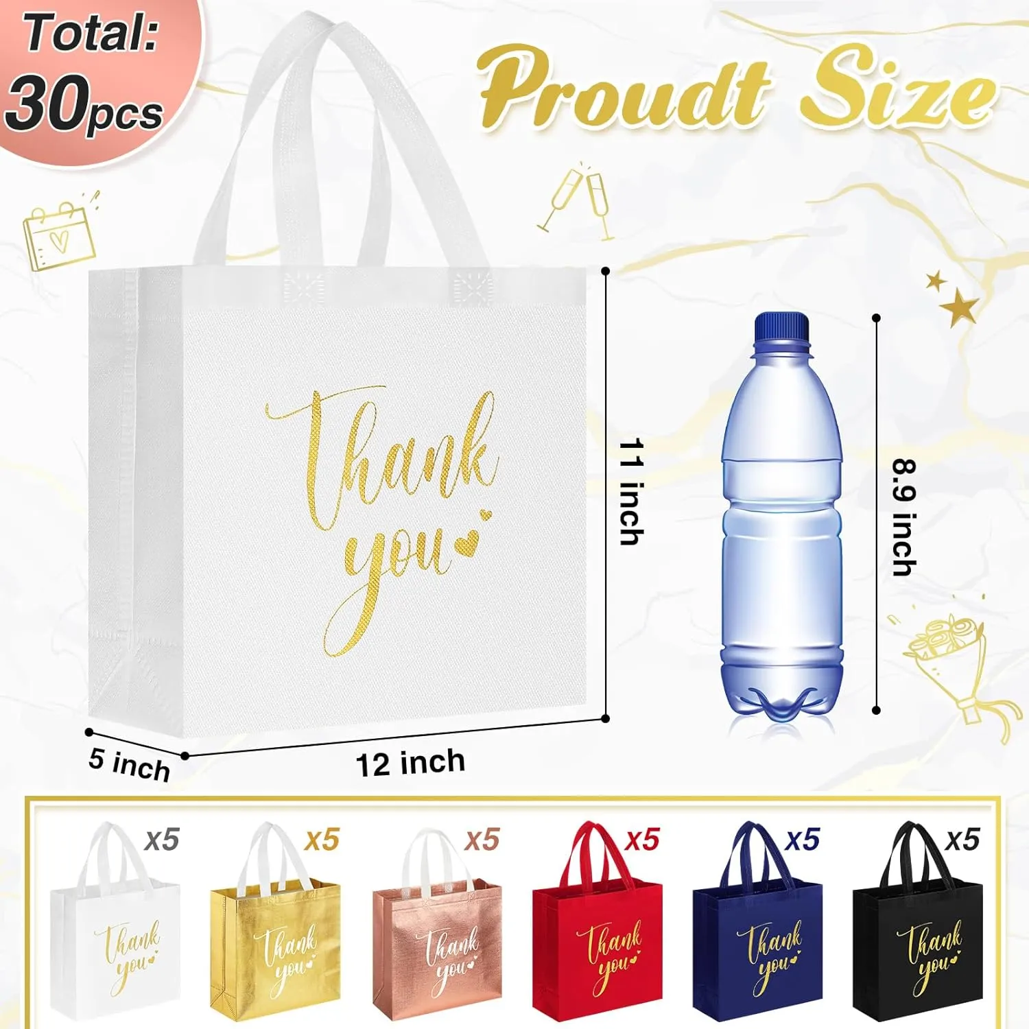 Sweetude 30 Pcs Thank You Gift Bags with Handles Bulk Reusable Goodie Bag Non Woven Foldable Handbag for Graduation Wedding Bridesmaid Gifts(11 x 12 x 5 Inch,Multicolor)