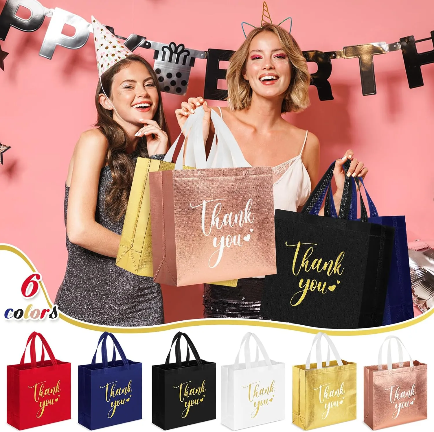 Sweetude 30 Pcs Thank You Gift Bags with Handles Bulk Reusable Goodie Bag Non Woven Foldable Handbag for Graduation Wedding Bridesmaid Gifts(11 x 12 x 5 Inch,Multicolor)