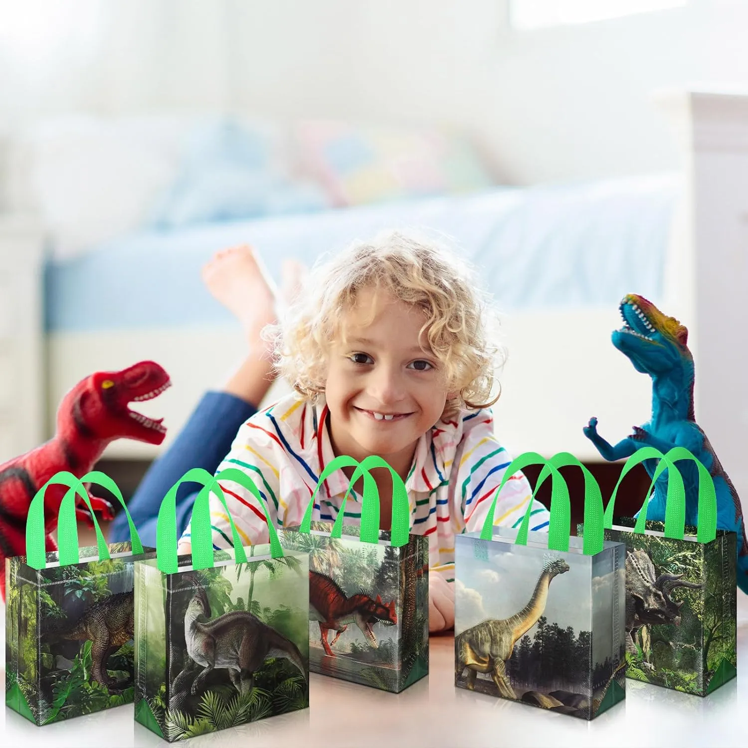 Sweetude 40 Pcs Dinosaur Gift Party Favor Bags with Handle, Dino Non Woven Goodie Bags Dinosaur Birthday Favor for Boys Girls Birthday Baby Shower Supplies(Dinosaur)