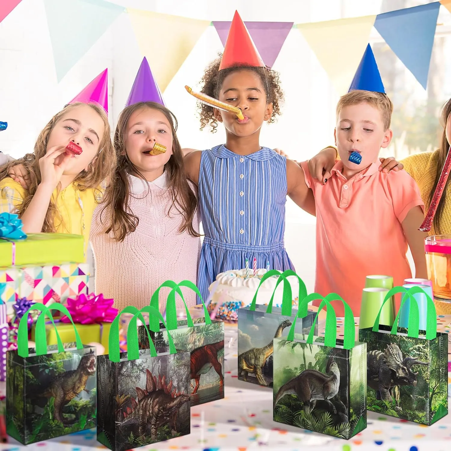 Sweetude 40 Pcs Dinosaur Gift Party Favor Bags with Handle, Dino Non Woven Goodie Bags Dinosaur Birthday Favor for Boys Girls Birthday Baby Shower Supplies(Dinosaur)
