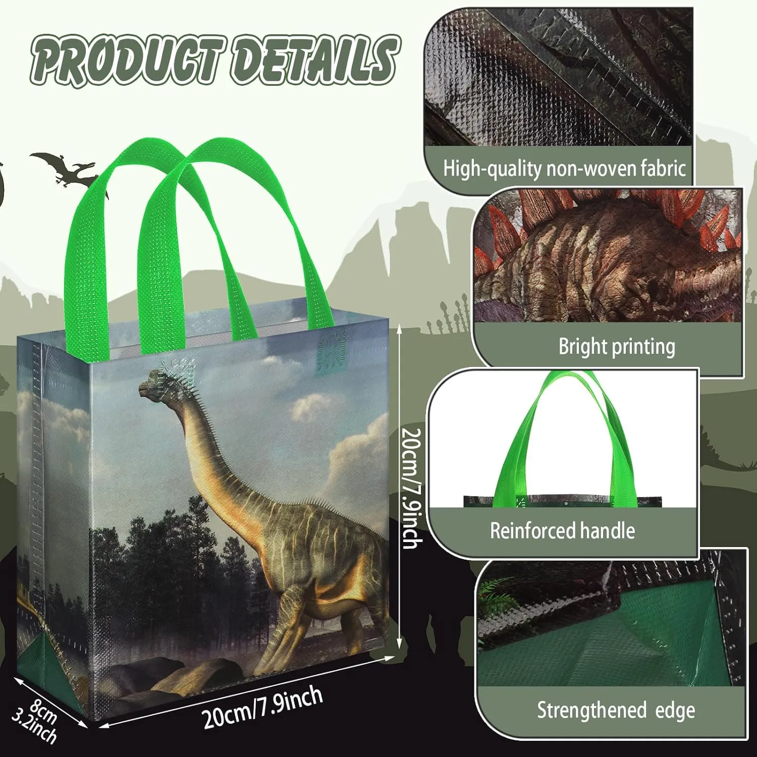 Sweetude 40 Pcs Dinosaur Gift Party Favor Bags with Handle, Dino Non Woven Goodie Bags Dinosaur Birthday Favor for Boys Girls Birthday Baby Shower Supplies(Dinosaur)