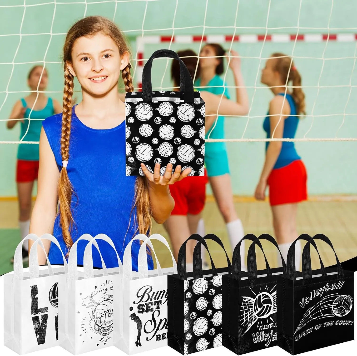 Sweetude 40 Pcs Volleyball Non Woven Party Favor Bags with Handles 7.9 x 7.9 x 3.2 Inch Volleyball Party Favor Goodie Treat Candy Bags for Sports Theme Baby Shower Birthday for Team