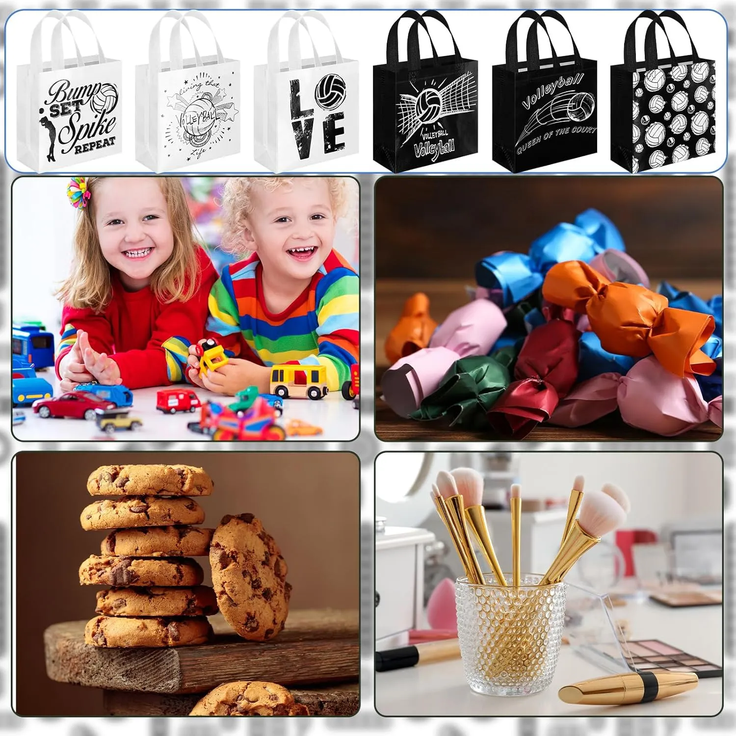 Sweetude 40 Pcs Volleyball Non Woven Party Favor Bags with Handles 7.9 x 7.9 x 3.2 Inch Volleyball Party Favor Goodie Treat Candy Bags for Sports Theme Baby Shower Birthday for Team