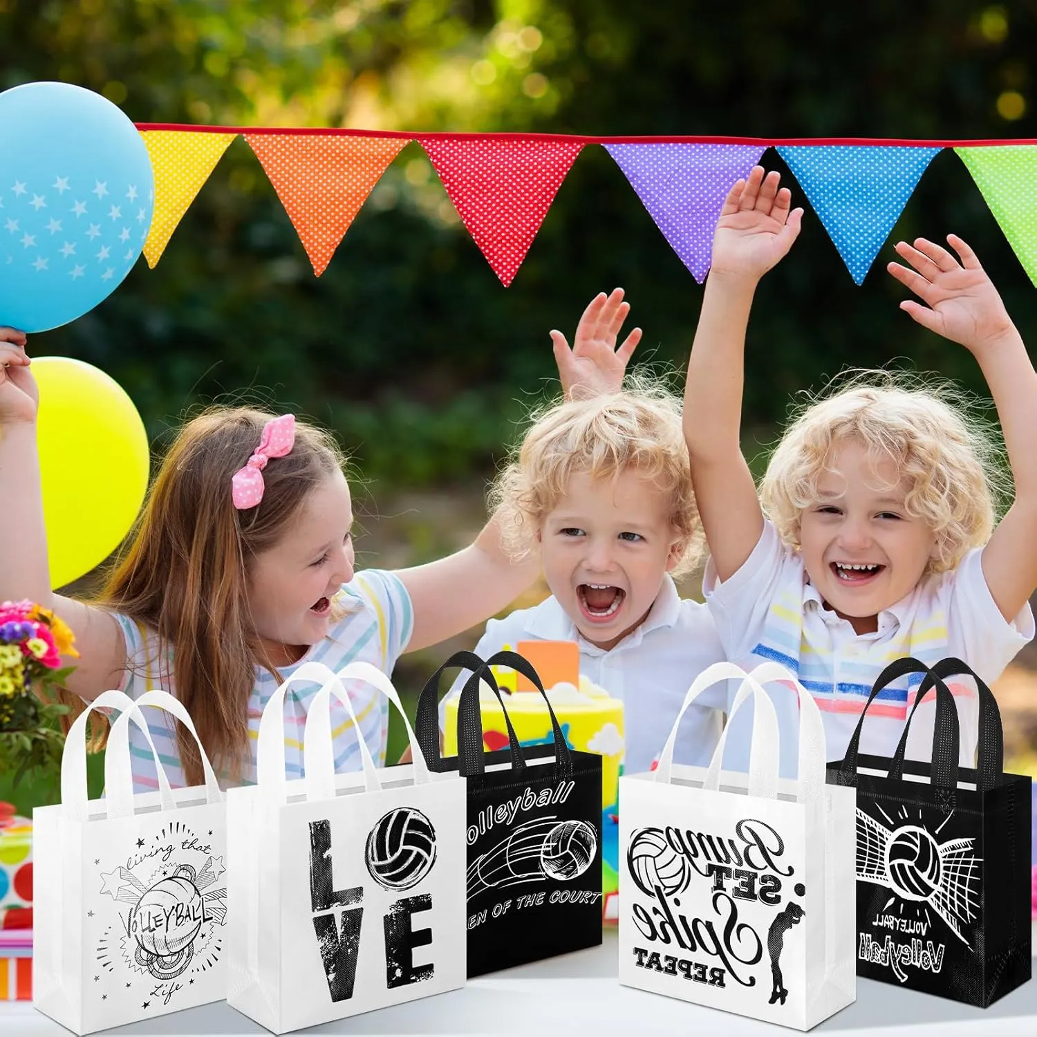 Sweetude 40 Pcs Volleyball Non Woven Party Favor Bags with Handles 7.9 x 7.9 x 3.2 Inch Volleyball Party Favor Goodie Treat Candy Bags for Sports Theme Baby Shower Birthday for Team