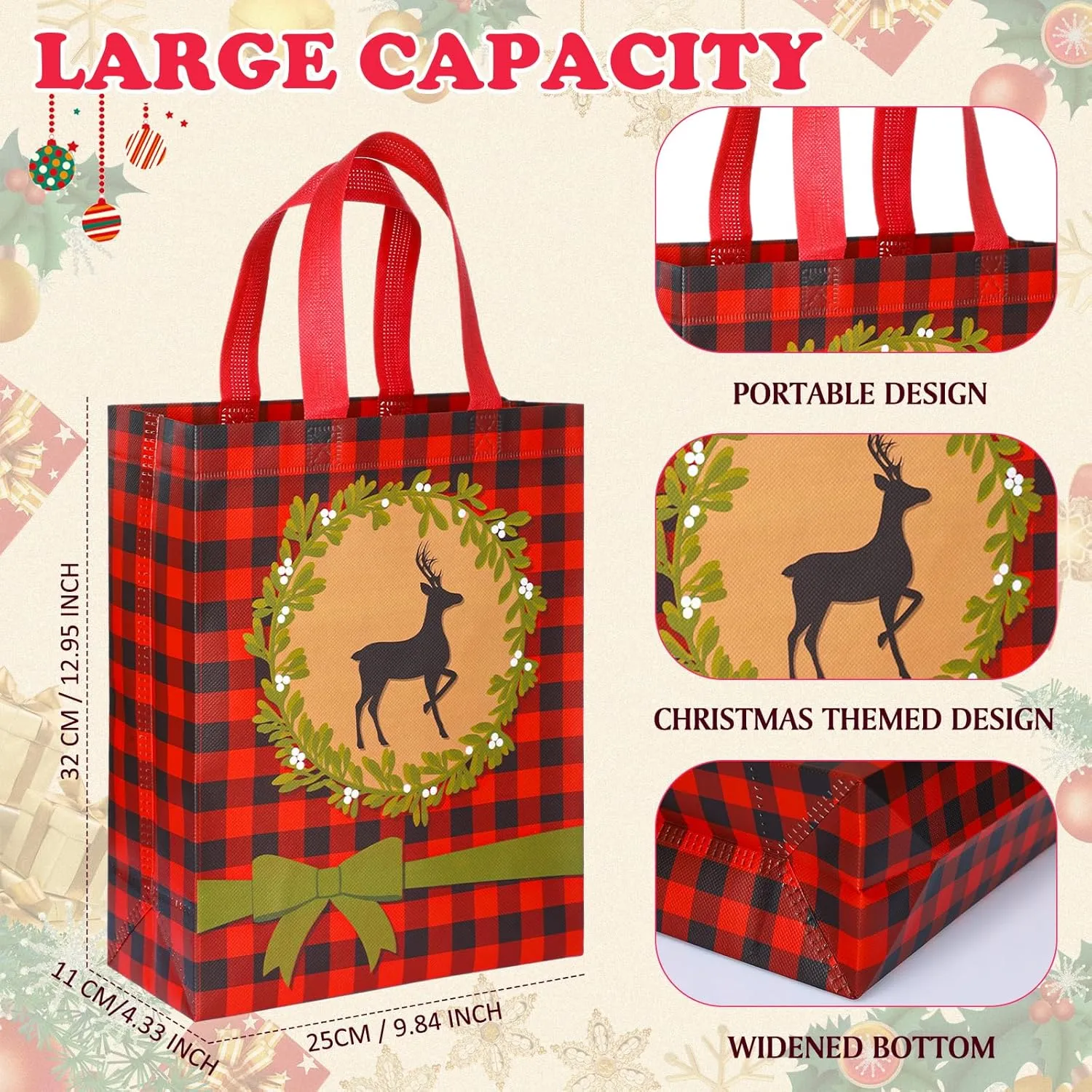 Sweetude 60 Pieces Reusable Christmas Tote Bags Bulk Plaid Reindeer Ugly Sweater Non Woven Christmas Treat Bags with Handle for Xmas Party, 12.6 x 9.84 Inch