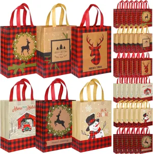 Sweetude 60 Pieces Reusable Christmas Tote Bags Bulk Plaid Reindeer Ugly Sweater Non Woven Christmas Treat Bags with Handle for Xmas Party, 12.6 x 9.84 Inch
