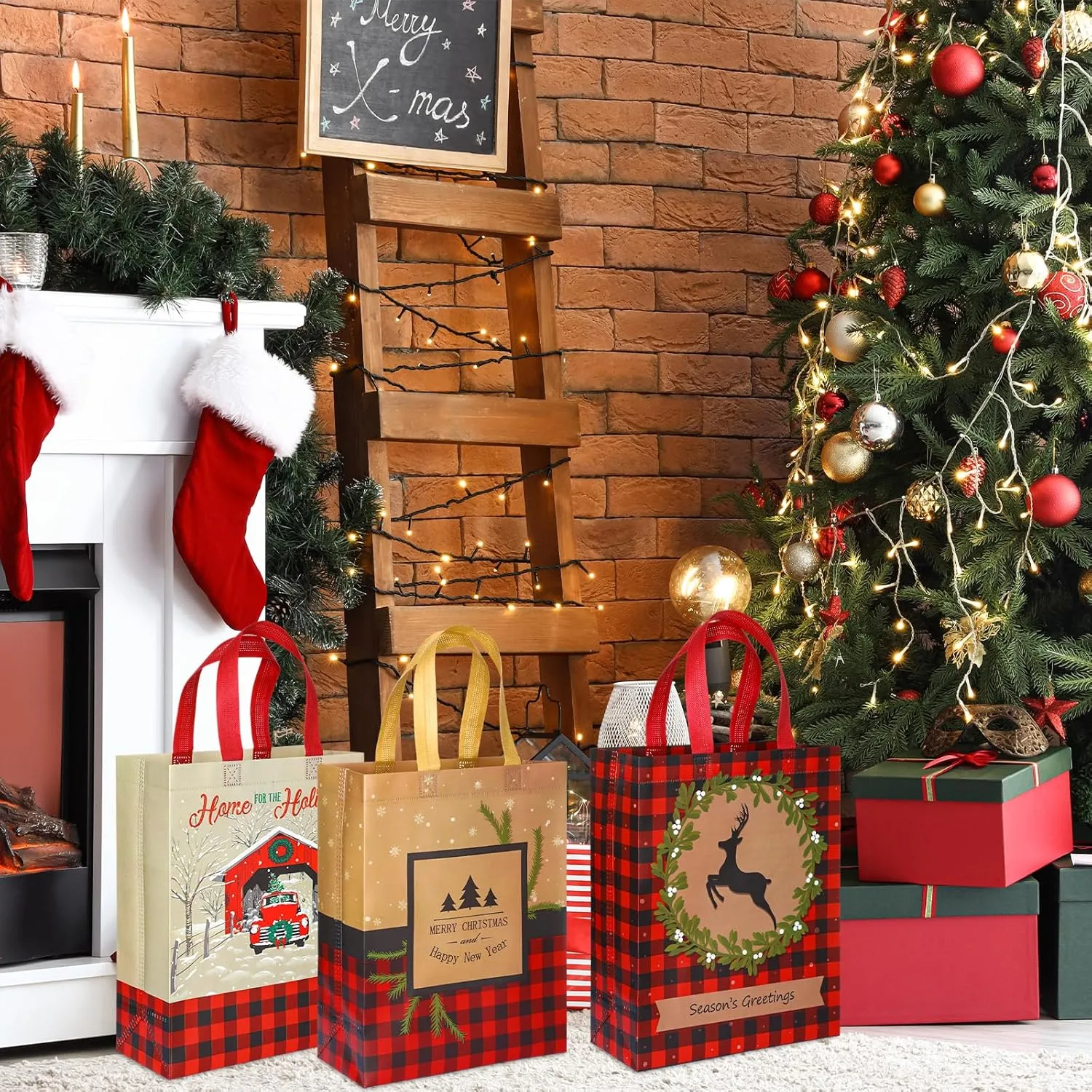 Sweetude 60 Pieces Reusable Christmas Tote Bags Bulk Plaid Reindeer Ugly Sweater Non Woven Christmas Treat Bags with Handle for Xmas Party, 12.6 x 9.84 Inch