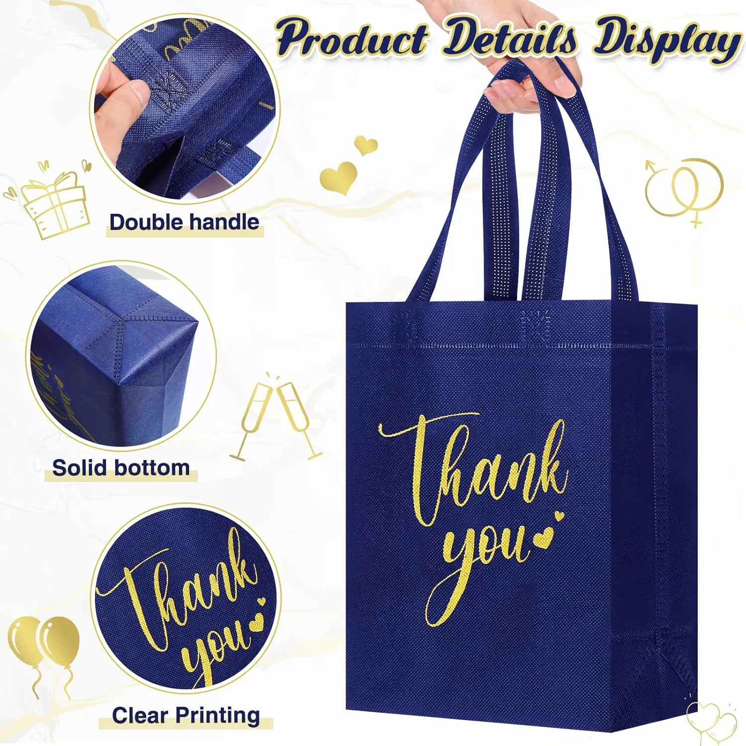 Sweetude 80 Pcs Thank You Gift Bags with Handles Bulk Reusable 10 x 8 x 4 Inch Non Woven Employee Appreciation Gift Bags for Bachelorette Wedding Anniversaries(Navy Blue)