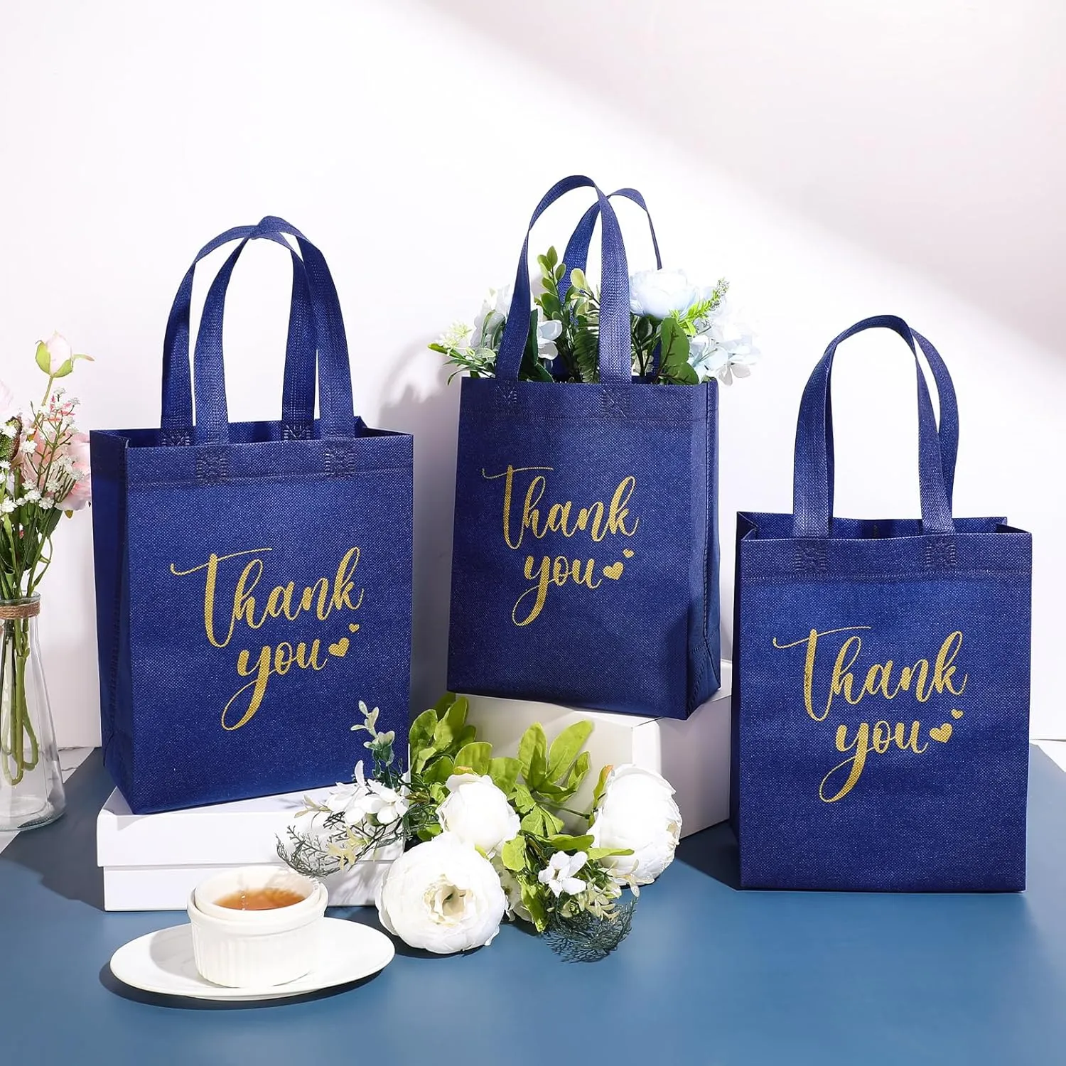 Sweetude 80 Pcs Thank You Gift Bags with Handles Bulk Reusable 10 x 8 x 4 Inch Non Woven Employee Appreciation Gift Bags for Bachelorette Wedding Anniversaries(Navy Blue)