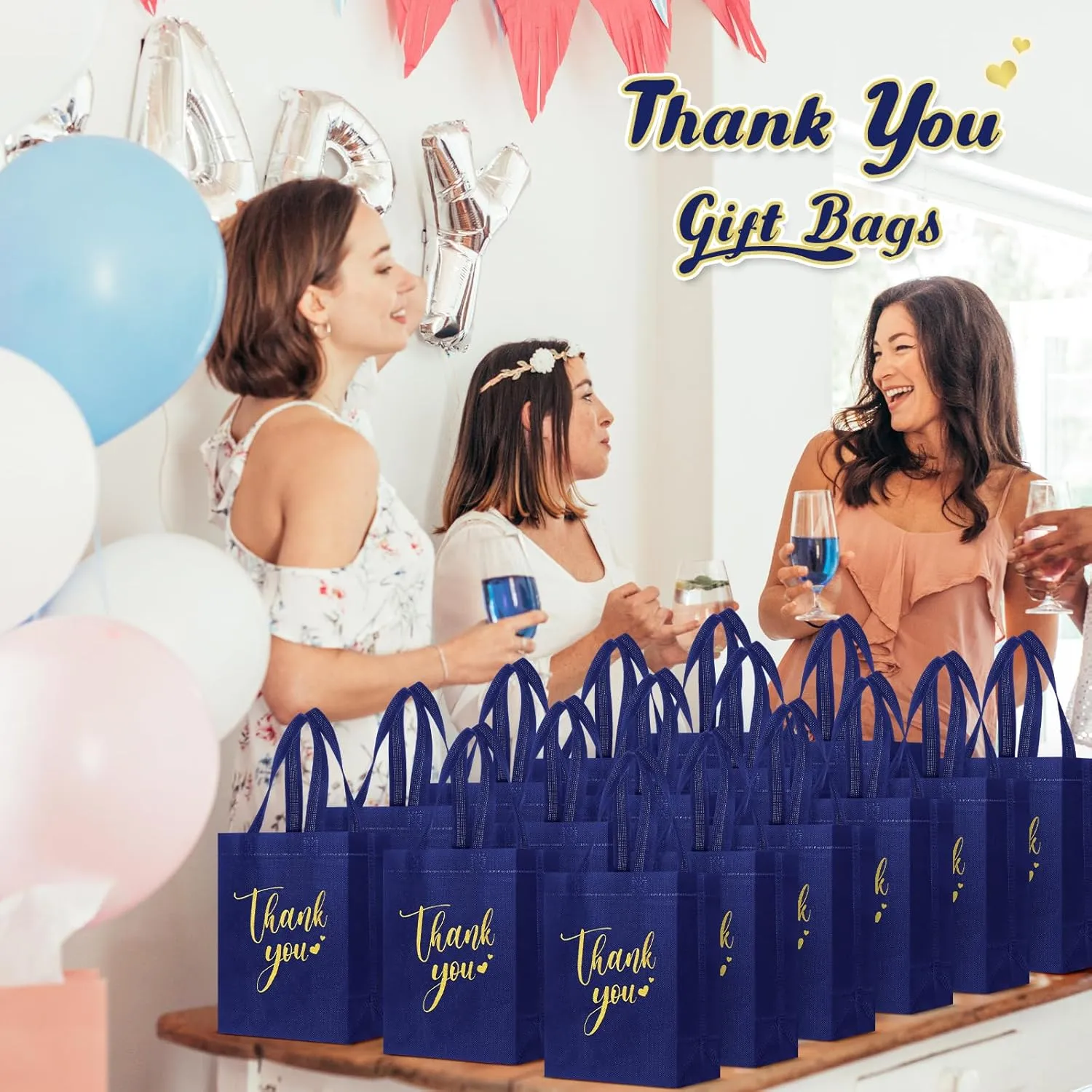 Sweetude 80 Pcs Thank You Gift Bags with Handles Bulk Reusable 10 x 8 x 4 Inch Non Woven Employee Appreciation Gift Bags for Bachelorette Wedding Anniversaries(Navy Blue)