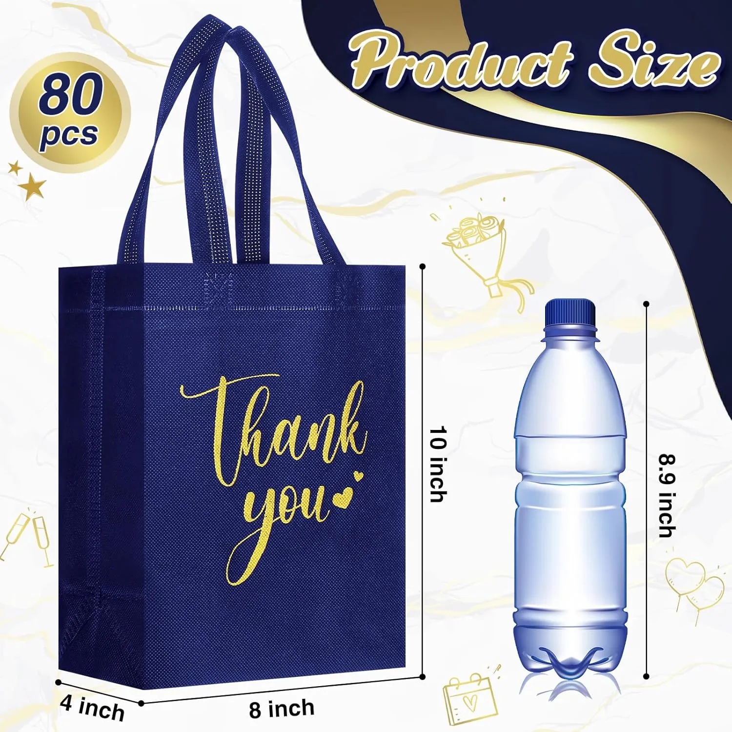 Sweetude 80 Pcs Thank You Gift Bags with Handles Bulk Reusable 10 x 8 x 4 Inch Non Woven Employee Appreciation Gift Bags for Bachelorette Wedding Anniversaries(Navy Blue)