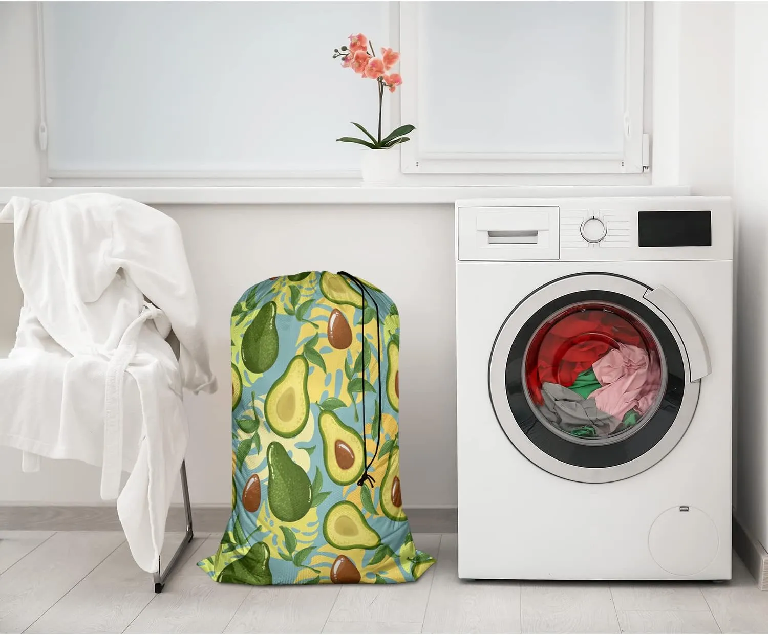 Swono Avocado Large Laundry Bag Washable Large Dirty Clothes, Fruit Slices Exotic Monster Leaves Drawstring Organizer Bag, Fit Hamper Basket Camp Travel Home Dorm, Blue
