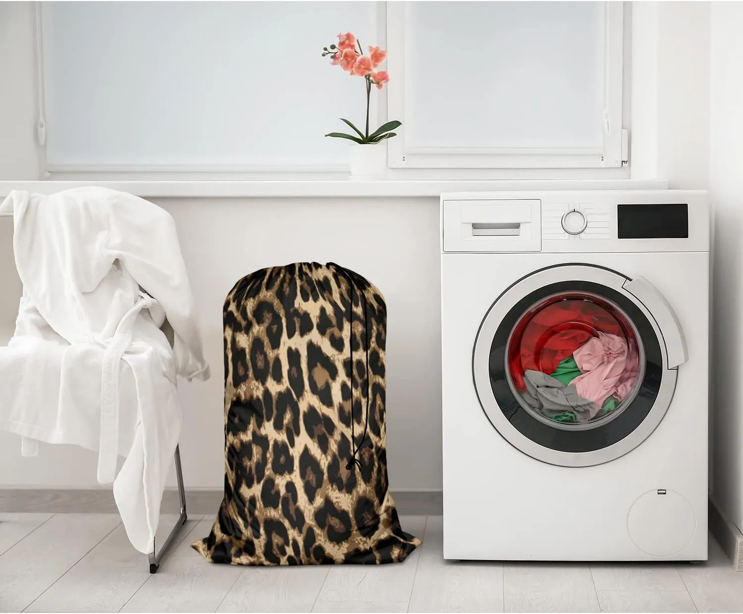 Swono Laundry Bag Drawstring Closure Classic Leopard Print Exotic Safari Animal Skin Print Heavy Duty Laundry Portable for Home Dorm Room Essentials for Travel Camp, Wildlife