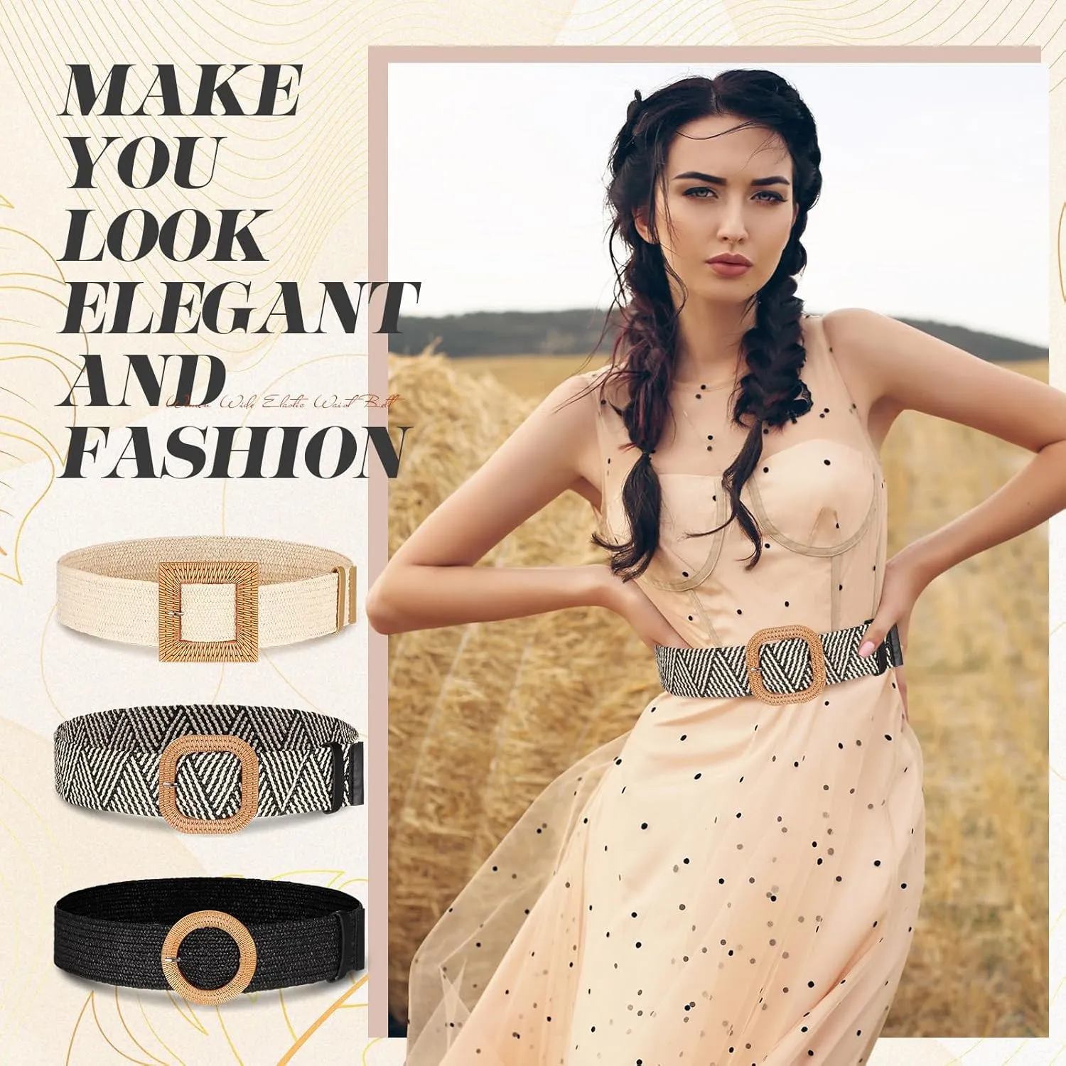 Syhood 3 Pieces Straw Woven Elastic Waist Belt for Women Bohemian Dress Braided Belt