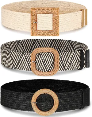 Syhood 3 Pieces Straw Woven Elastic Waist Belt for Women Bohemian Dress Braided Belt