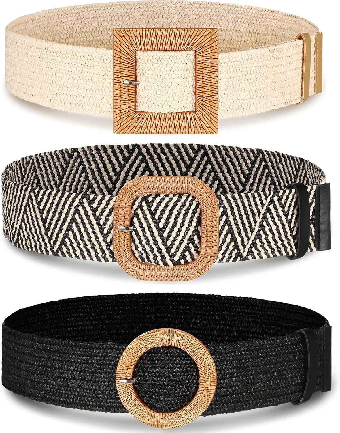 Syhood 3 Pieces Straw Woven Elastic Waist Belt for Women Bohemian Dress Braided Belt
