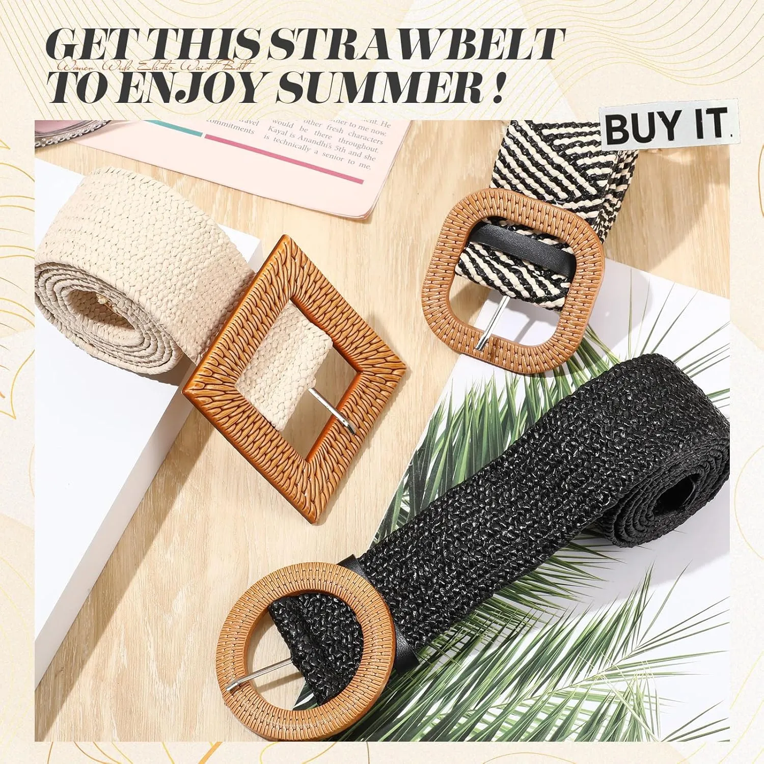 Syhood 3 Pieces Straw Woven Elastic Waist Belt for Women Bohemian Dress Braided Belt