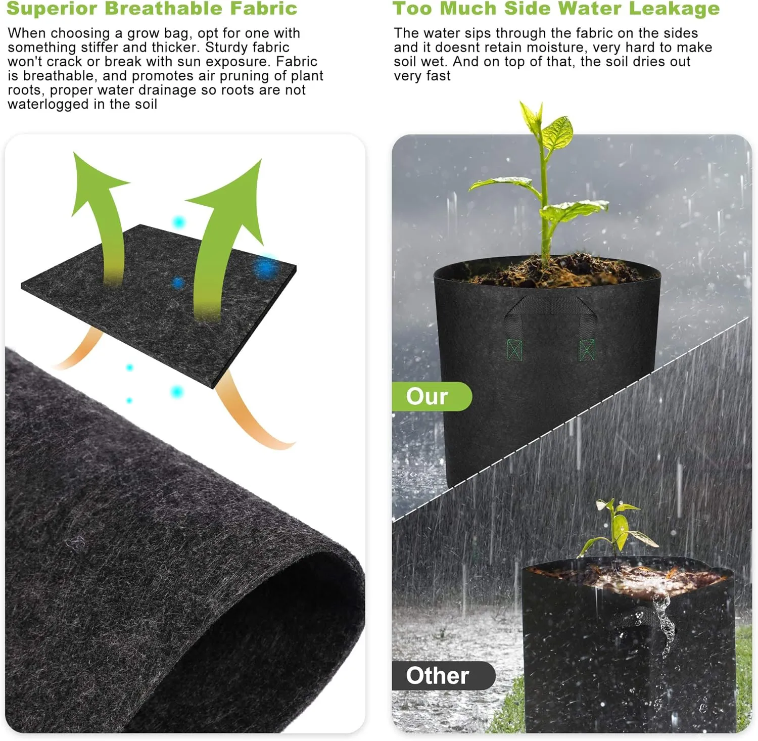 Tall Grow Bags, 6-Pack 10 Gallon Grow Pots with Handles, Improved 320G Thickened Aeration Fabric Deep Plant Growing Bags, Designed for Indoor/Outdoor Vegetables and Flowers, Classic Black